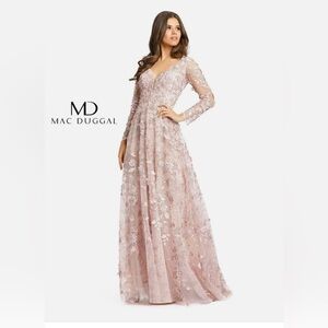 Mac Duggal Floral Applique Long Sleeve Illusion Gown